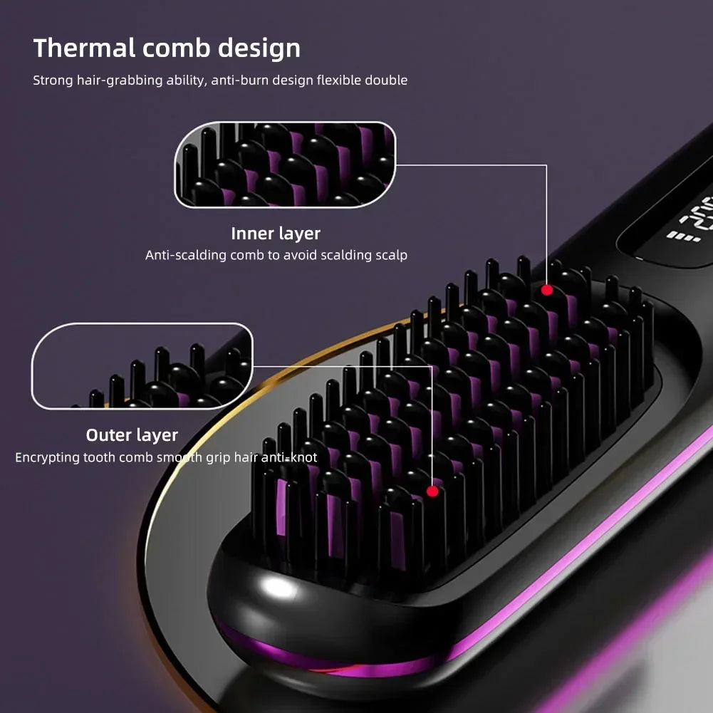 Wireless Ceramic Hair Straightening Brush USB LCD