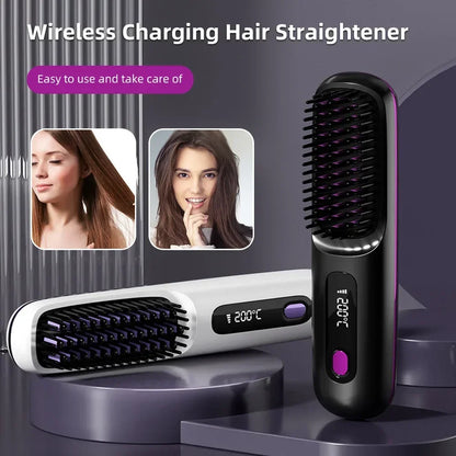 Wireless Ceramic Hair Straightening Brush USB LCD